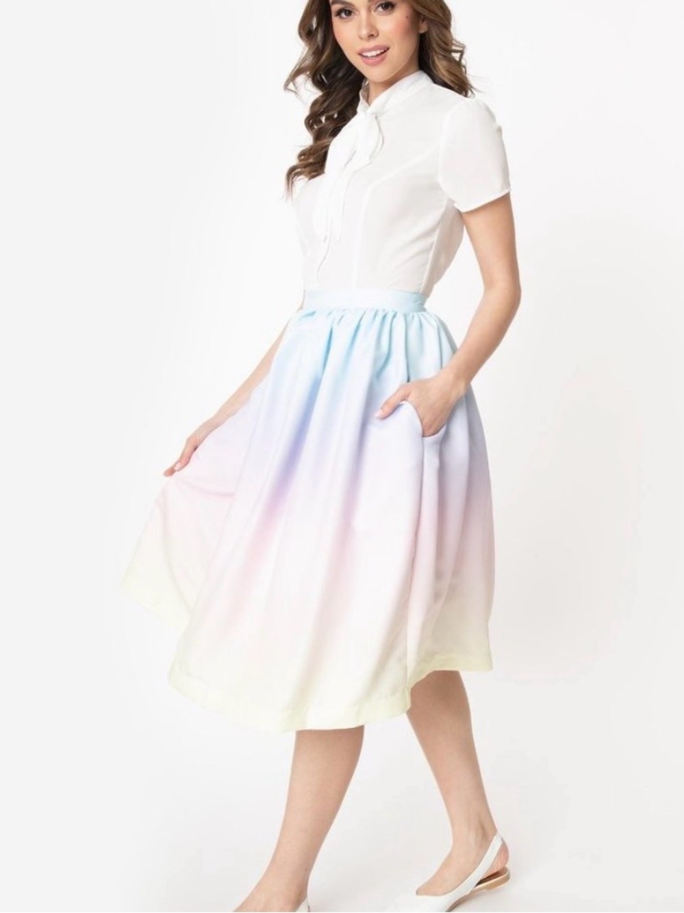 Unique Vintage Pastel Ombre A-Line Skirt in Blue Pink Cream